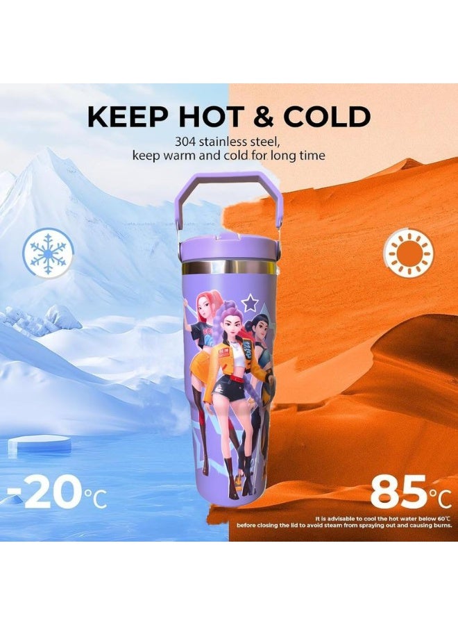ECLux K-Pop ghost hunter-themed reusable vacuum insulated tumbler comes with a lid and straw, making it perfect for travel, work, study, and everyday coffee drinking（Pink） - Image 4
